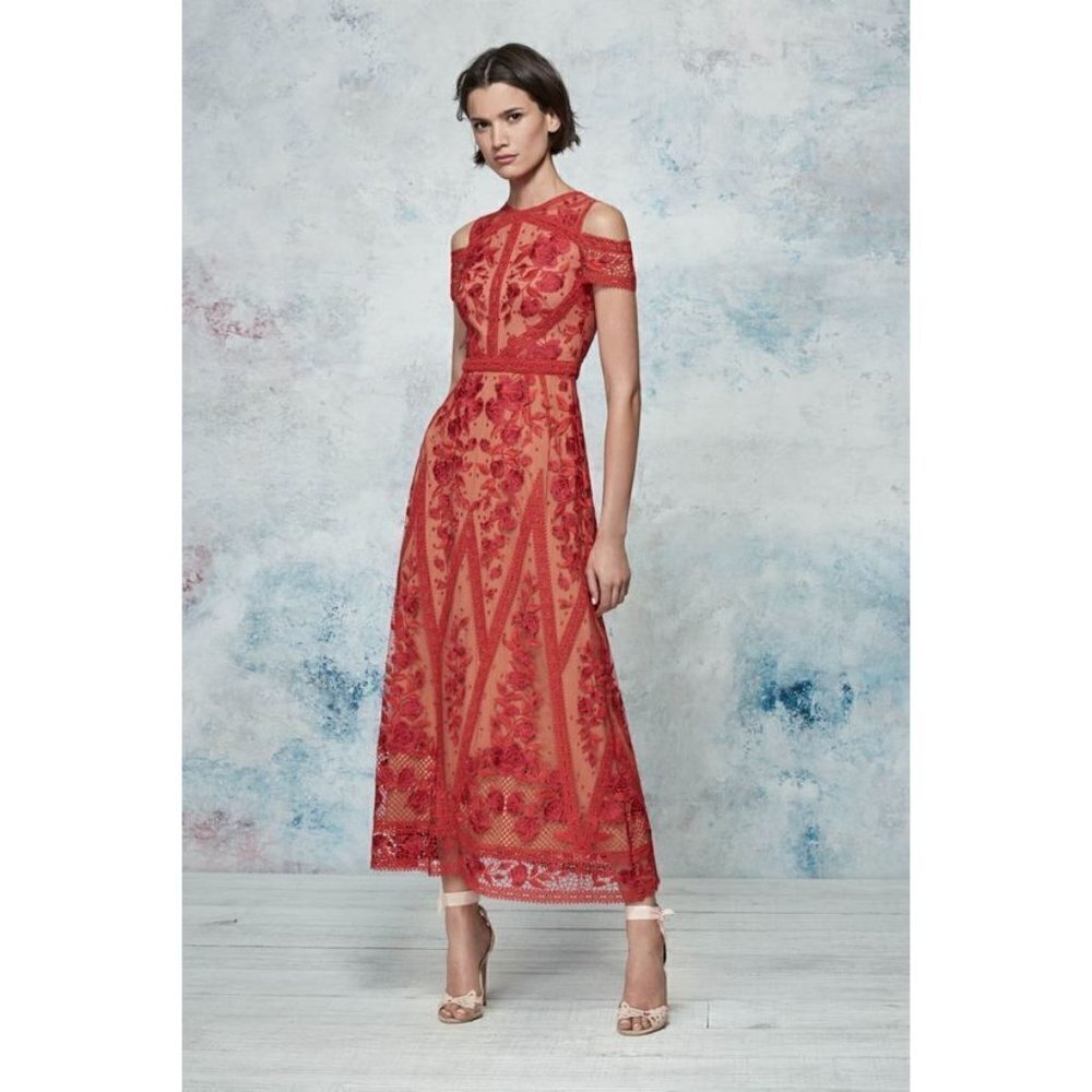 💕MARCHESA💕 Cold-Shoulder Guipure Lace-Trimmed Embroidered Tulle Midi Dress Red
